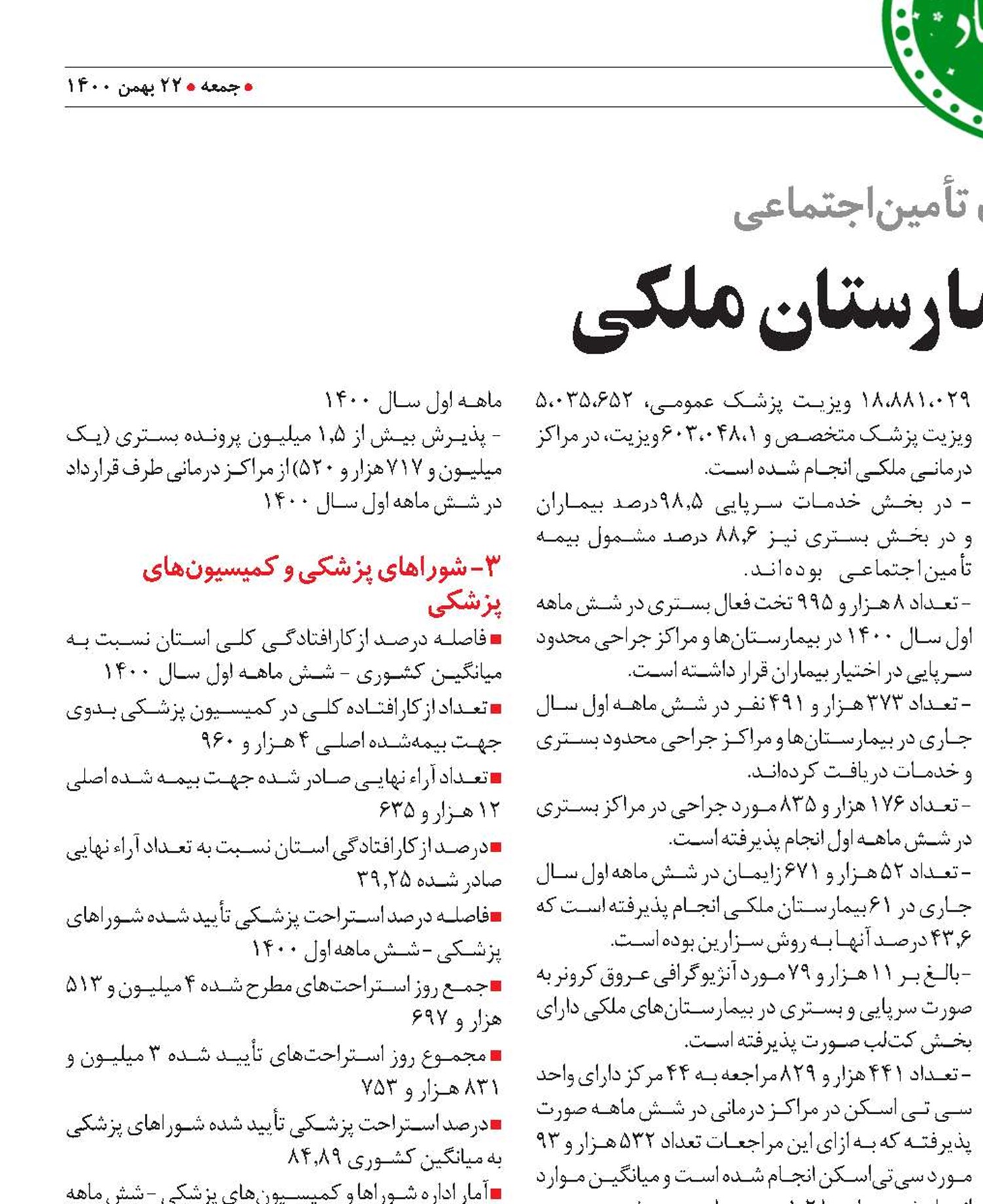 ارائه خدمات در 70 بيمارستان ملکی