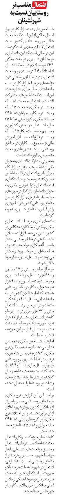 اشتغال مناسبتر روستاییان نسبت به شهرنشینان
