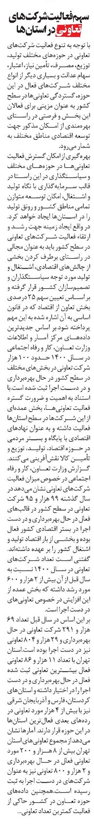 سهم فعالیت شرکت های تعاونی در استانها