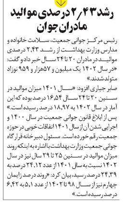 رشد 2.43 درصدی موالید مادران جوان