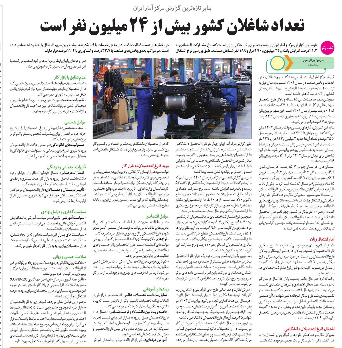 تعداد شاغلان کشور بیش از 24 میلیون نفر است