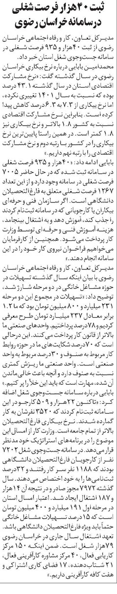 ثبت 40هزار فرصت شغلی درسامانه خراسان رضوی