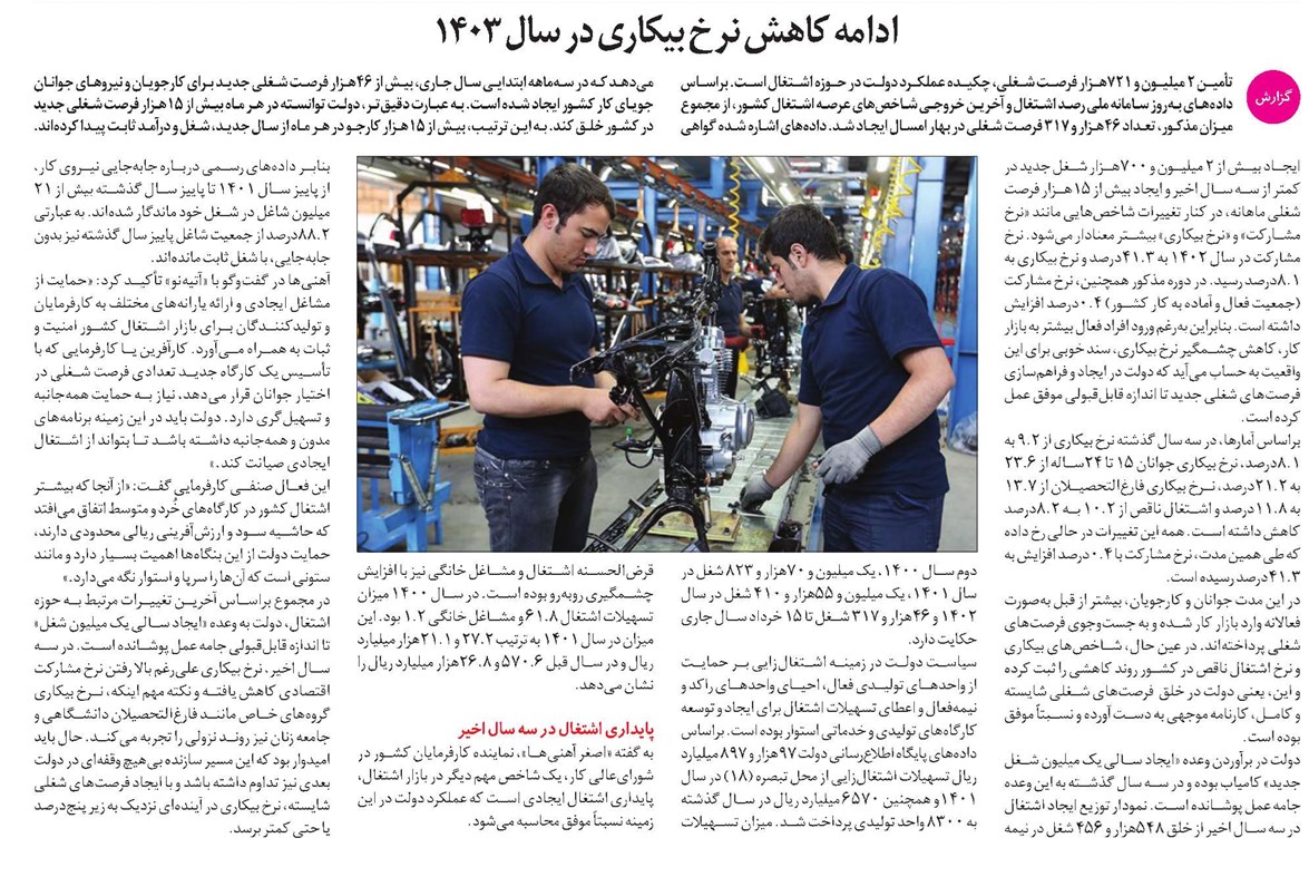 ادامه کاهش نرخ بیکاری در سال 1403